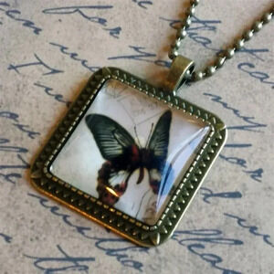 Victorian Butterflies Steampunk Square Antiqued Brass Glass 27" Long Necklace